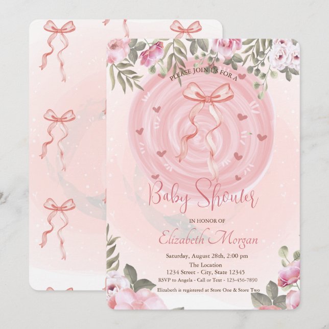 Invitación Baby Shower con floral de color rosa (Anverso / Reverso)