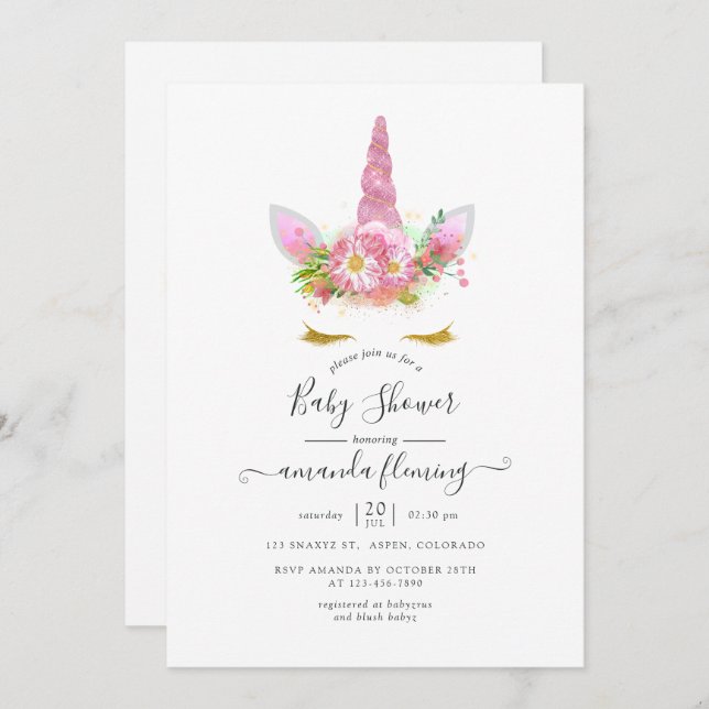 Invitación Baby Shower con floral rosa y dorada Unicornio (Anverso / Reverso)