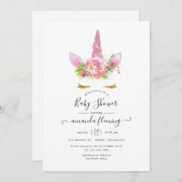 Invitación Baby Shower con floral rosa y dorada Unicornio