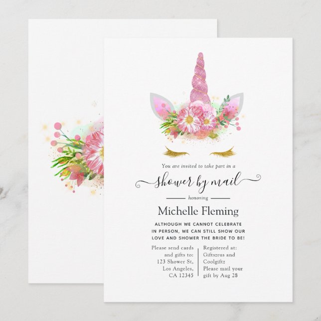 Invitación Baby Shower con floral rosa y dorada Unicornio (Anverso / Reverso)