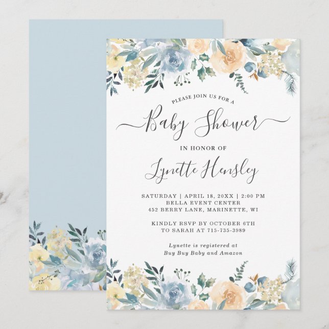 Invitación Baby Shower con flores azules de vainilla bohemia (Anverso / Reverso)