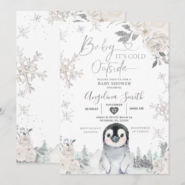 Invitación Baby Shower con flores de copo de nieve en Creamy  (Anverso / Reverso)