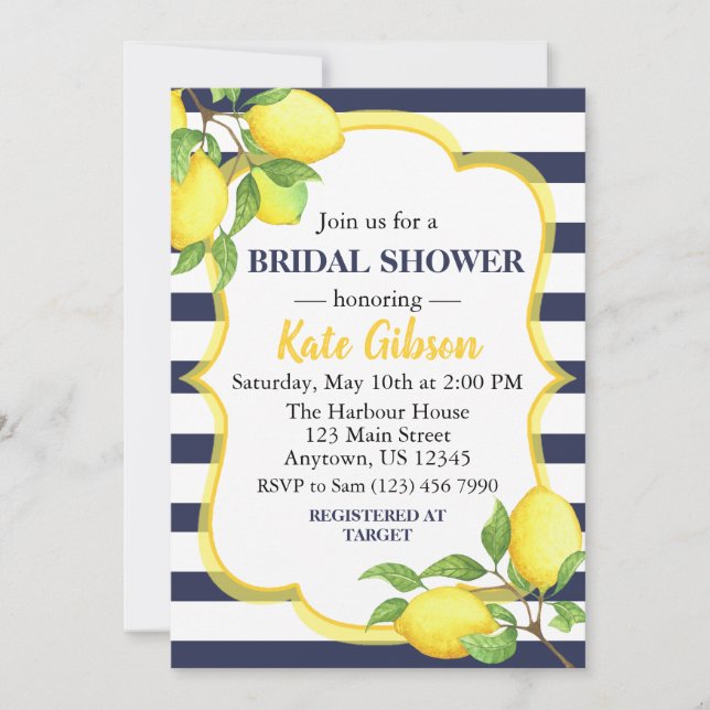 Invitación Baby Shower con flores de limón amarillo y marina (Anverso)