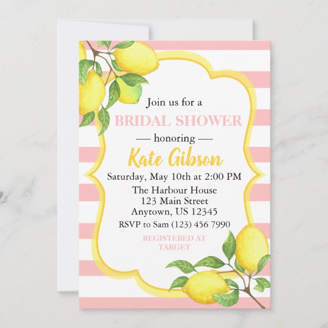 Invitación Baby Shower con flores de limón rosa y amarillo (Anverso)