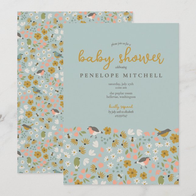 Invitación Baby Shower con flores de pájaros y abejas (Anverso / Reverso)