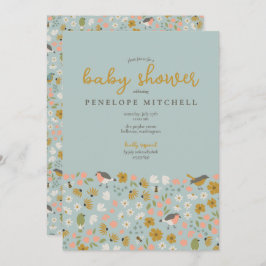 Invitación Baby Shower con flores de pájaros y abejas