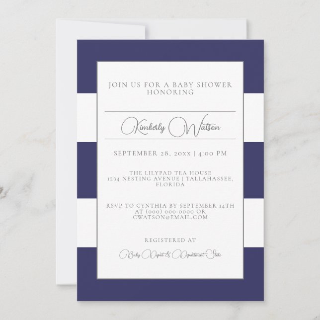 Invitación Baby Shower con franjas azules (Anverso)