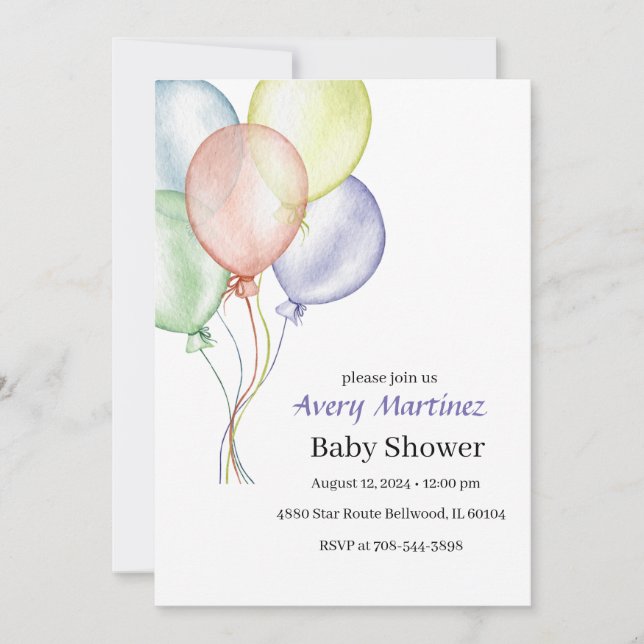 Invitación Baby Shower con globo de colores (Anverso)