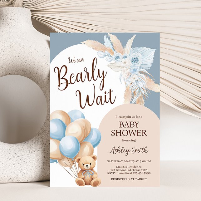 Invitación Baby Shower con globo de oso azul (Boy Bear Arch Balloon Baby Shower Invitation)