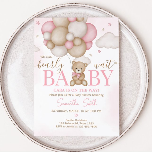 Invitación Baby Shower con globo de oso chica (Pink Boho Bear Balloon Baby Shower Invitation)