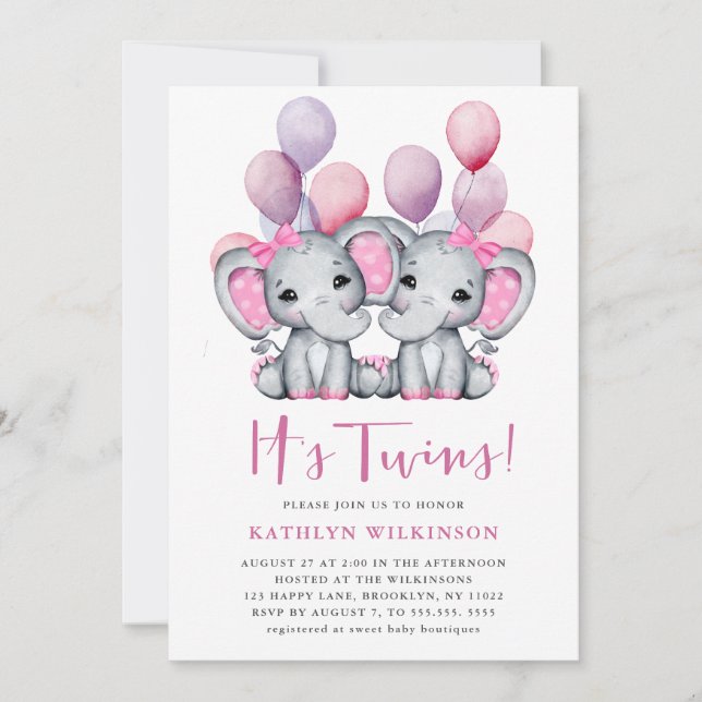 Invitación Baby Shower con globo rosa de elefante gemelo (Anverso)