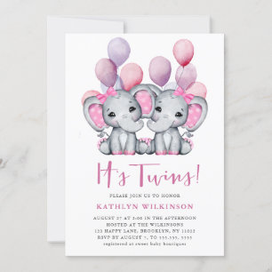 Invitación Baby Shower con globo rosa de elefante gemelo