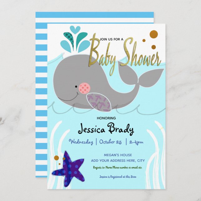 Invitación Baby Shower con guión de oro de Faux Nautical Whal (Anverso / Reverso)