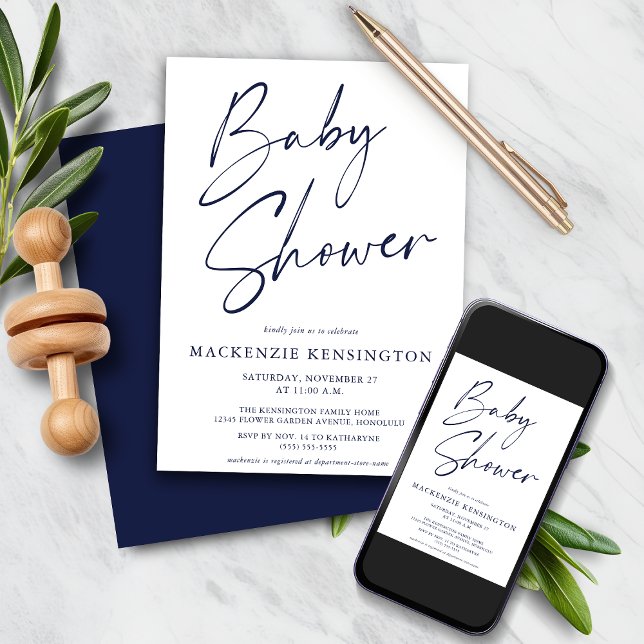 Invitación Baby Shower con guión simple azul de la marina (Navy Blue Simple Script Baby Shower Invitation)