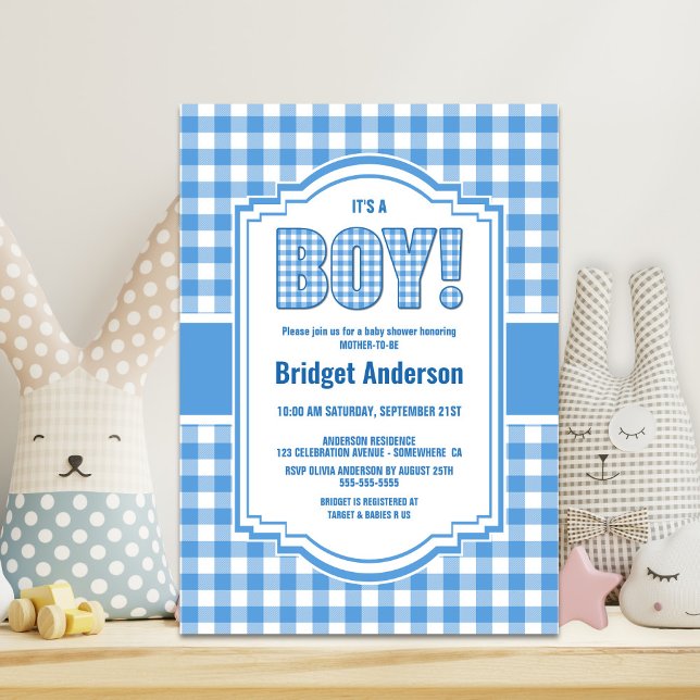 Invitación Baby Shower con incrustaciones de búfalo azul y bl (Subido por el creador)