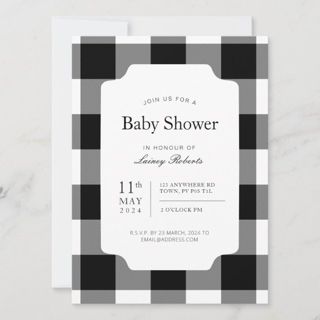Invitación Baby Shower con juego de búfalo negro y blanco rús (Anverso)