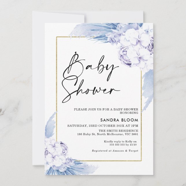 Invitación Baby Shower con marco de zócalo azul cálido Boho P (Anverso)