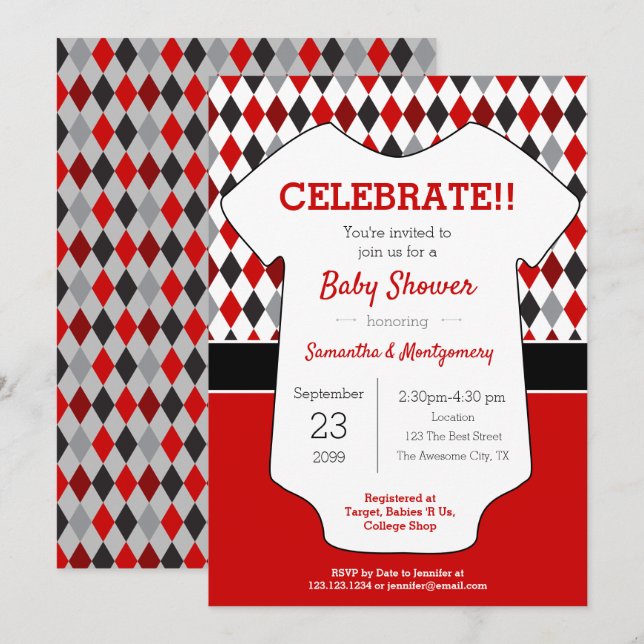 Invitación Baby Shower con patrones de arglos rojos y negros (Anverso / Reverso)