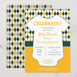 Invitación Baby Shower con patrones de arglos verdes y amaril