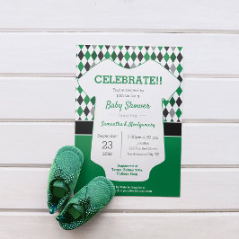 Invitación Baby Shower con patrones de arglos verdes y negros