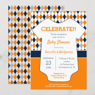 Invitación Baby Shower con patrones de marina y Naranja Argyl