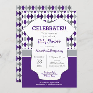 Invitación Baby Shower con patrones morado y gris arglo