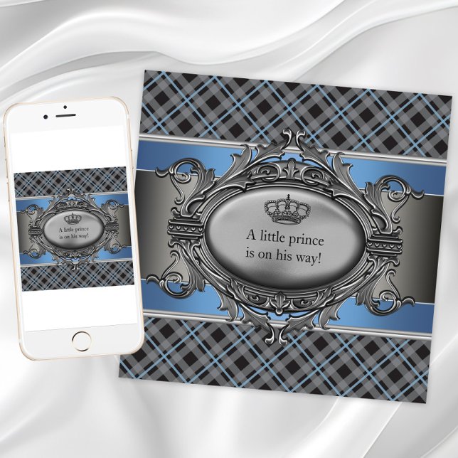Invitación Baby Shower con placa gris azul (Blue and gray plaid baby shower invitation. Add your text to the front and back.)