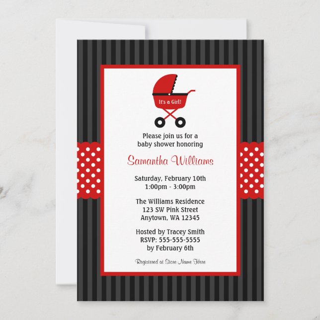 Invitación Baby Shower con puntos rayados en rojo y negro (Anverso)