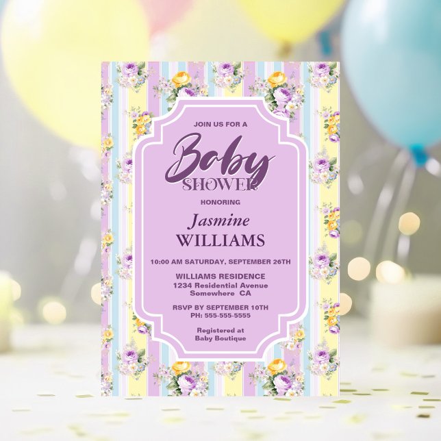 Invitación Baby Shower con rayas florales de lavanda (Subido por el creador)