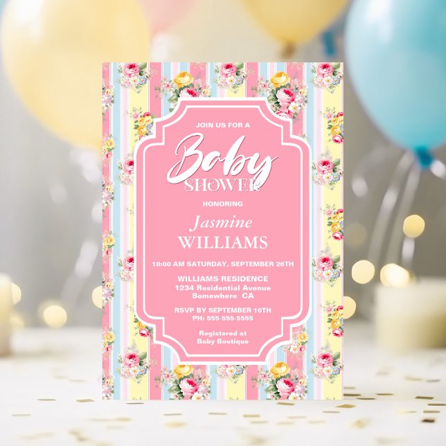 Invitación Baby Shower con rayas florales rosas (Subido por el creador)