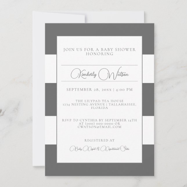 Invitación Baby Shower con rayas grises (Anverso)