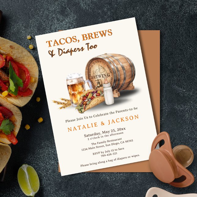 Invitación Baby Shower con tacos modernos, breas y pañales (Modern Tacos, Brews & Diapers Coed Baby Shower Invitation)