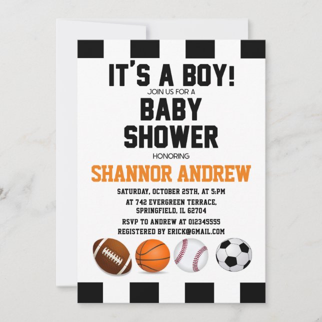 Invitación Baby Shower con temas de deportes simples personal (Anverso)