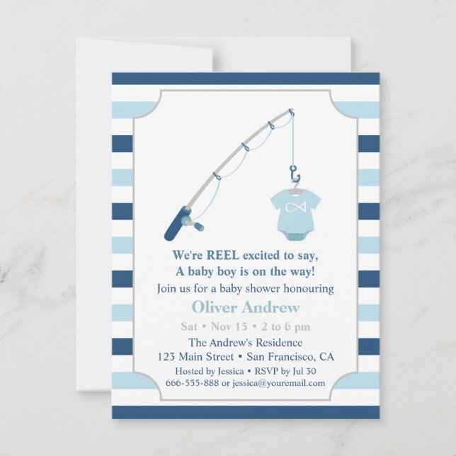 Invitación Baby Shower con temas de pesca moderna y ligera (Anverso)