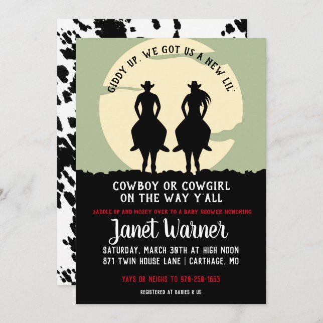 Invitación Baby Shower con temas de Rodeo (Anverso / Reverso)