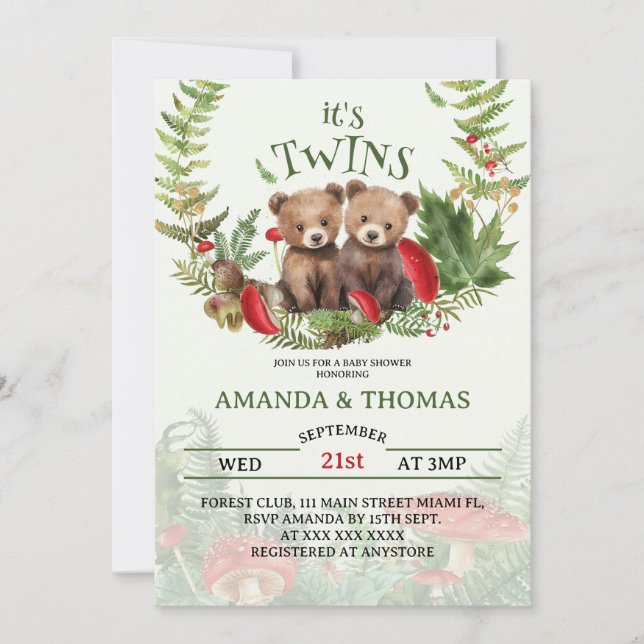 Invitación Baby Shower con temas de Woodland Twins (Anverso)