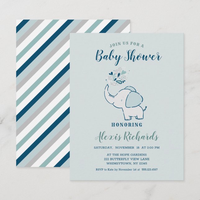 Invitación Baby Shower con temas sobre elefante azul marino y (Anverso / Reverso)