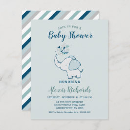 Invitación Baby Shower con temas sobre elefante azul marino y