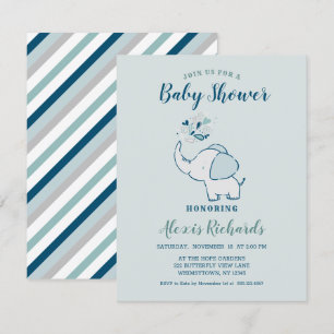 Invitación Baby Shower con temas sobre elefante azul marino y