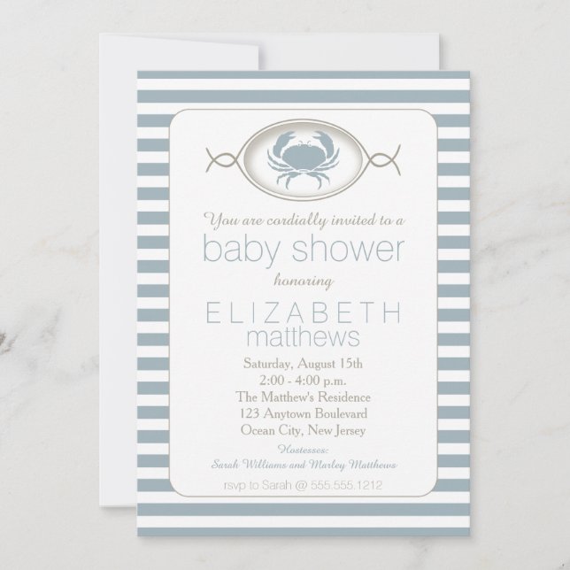 Invitación Baby Shower con tiras de cangrejo náuti (Anverso)