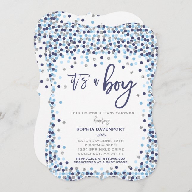 Invitación Baby Shower Confetti Azul Y Plata (Anverso / Reverso)
