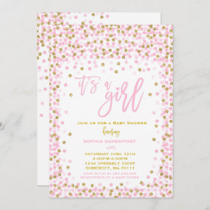 Invitación Baby Shower Confetti Chica Rosa Y Oro