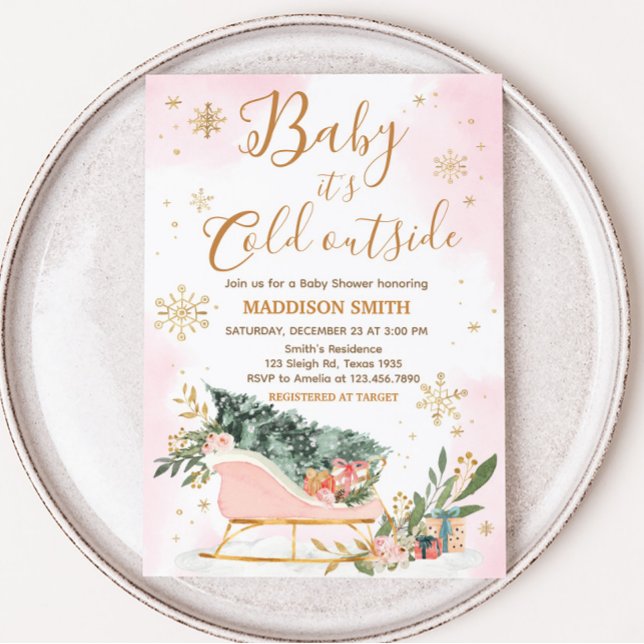 Invitación Baby Shower copo de nieve de oro rosado en inviern (Pink Sleigh Baby Shower Invitation)
