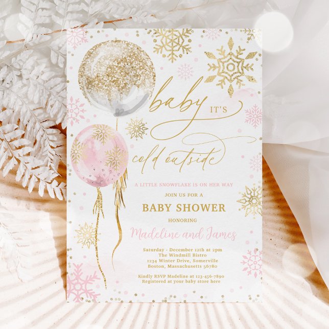 Invitación Baby Shower copo de nieve rosa y dorado en inviern (Subido por el creador)
