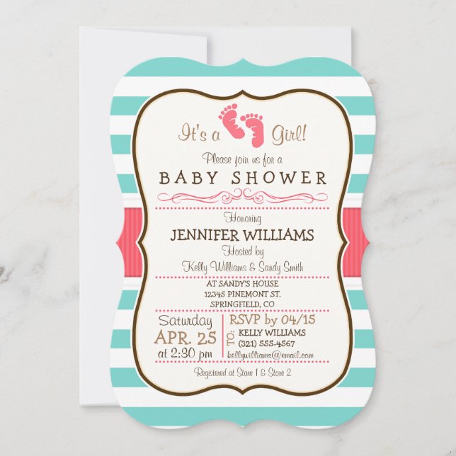 Invitación Baby Shower Coral, Aqua y White Stripes (Anverso)