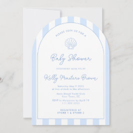 Invitación Baby Shower costero azul y blanco con caparazón ma