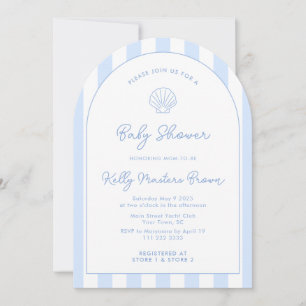 Invitación Baby Shower costero azul y blanco con caparazón ma