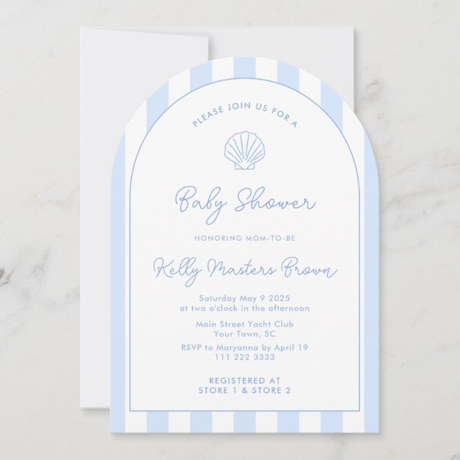 Invitación Baby Shower costero azul y blanco con caparazón ma (Anverso)