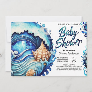 Invitación Baby Shower costero Deep Blue Seashells