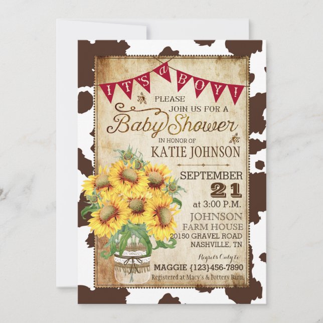 Invitación Baby Shower Country Sunflower and Cow Print (Anverso)